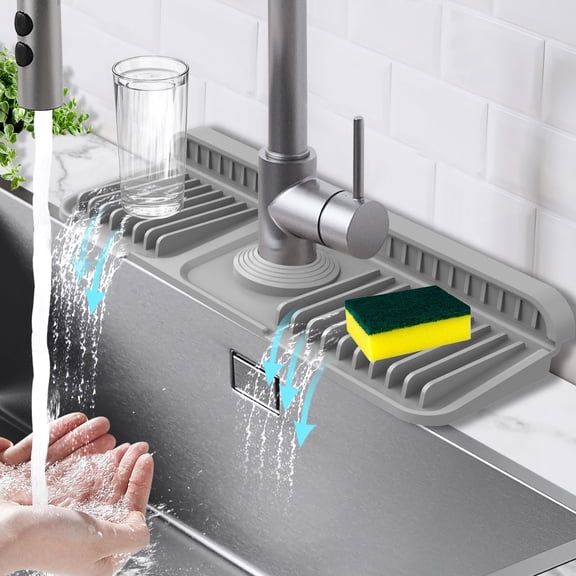 14.6-Inch Kitchen Sink Splash Guard Mat | 7° Slope for Fast Self-Draining | Snap-Lock Design | Universal & Cuttable Silicone Faucet Mat BLACK