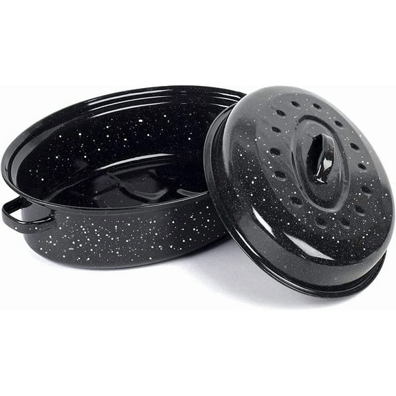 14.6 Inch Roasting Pan with Lid - Covered Oval Roaster - Enamel Carbon Steel Roaster Pot - Excellent Heat Distribution and Non-sticky - for Turkey Chicken Meat & Vegetables -Birthday and Holiday gift