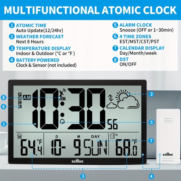 14.6" Large Atomic Weather Station Clock - Wireless Sensor, Auto DST, Indoor/Outdoor Thermometer, Home/Office