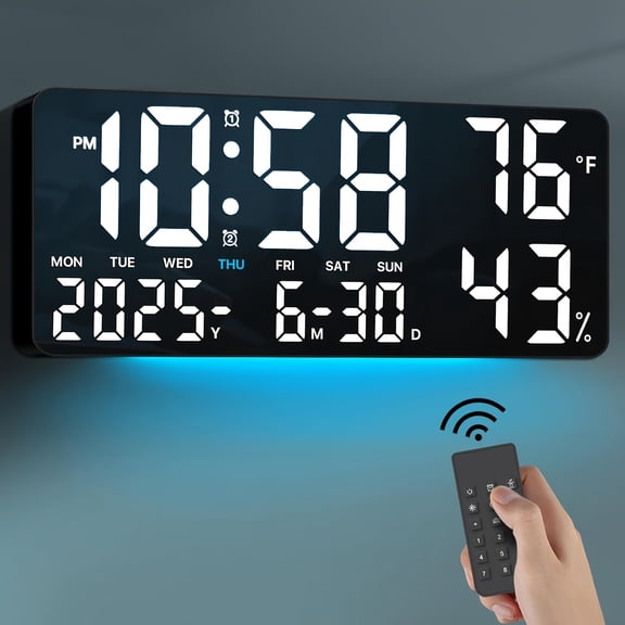 14.6" Large Digital Wall Clock with Remote Control, Dual Alarm, Big LED Display, Night Light, Humidity, Date, Week, Temp - Perfect Father'S Day Gift for Living Room, Bedroom, Elderly