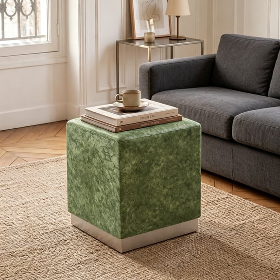 14.6" Width Square Colorful Green Ottoman Foot Stool with Silver Trim, Soft Compact Padded Stool for Living Room or Bedroom, Decorative Furniture