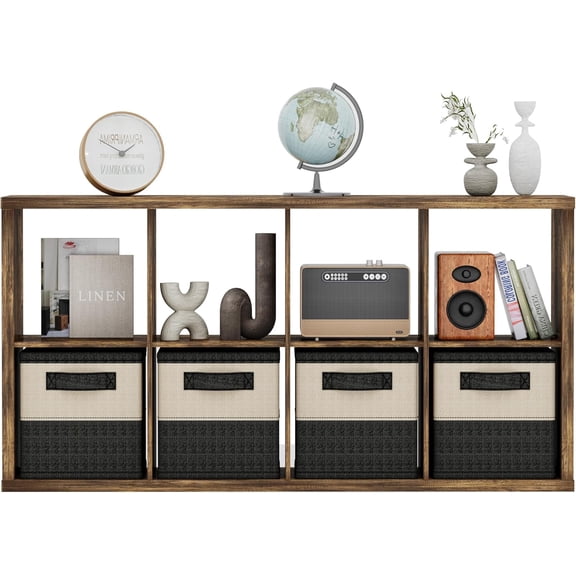 14.6" x 30" x 57.9" Eight Cubed Storage Organizer, Wood Cube Storage Organizer with 8 Cubbies, 8 Cubes Shelving for Office, Bedroom, Living Room, Playroom, Brown