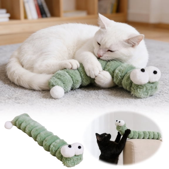 14.6In Interactive Crinkle Sound Caterpillar Cat Kick Stick - Soft Durable Segmented Plush Teaser With Cartoon Eyes For Indoor Pet Play And Exercise(Green-Style B)