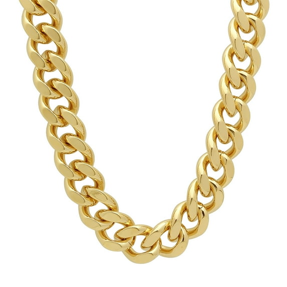 Men's 14.6mm Chunky 14k Yellow Gold Plated Flat Cuban Link Curb Chain Necklace, 23.5 inches