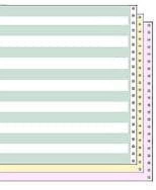 14 7/8" x 8 1/2" 15# 1/2" Green Bar 3Part Carbon Interleaf Continuous Computer Paper, 1100 Sheets