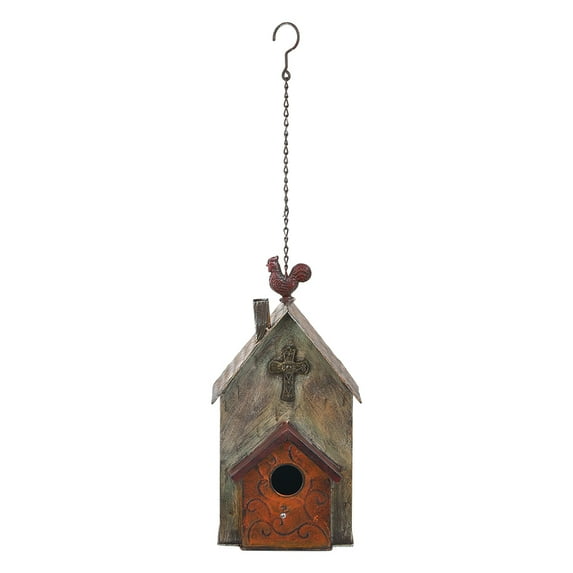 14.7" H Metal Rooster Bird Houses for Outsides Hanging, Birdhouse Decorative Outdoor Garden Yard, Cross Accents