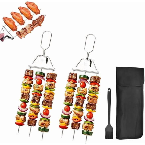 14.7 Inch 3 Prong Stainless Steel BBQ Skewers, Reusable Kabob Skewers with Push-Off Slider, Grill Accessories with Storage Bag, 2 Fork + BBQ Brush for Meat, Chicken, Vegetable