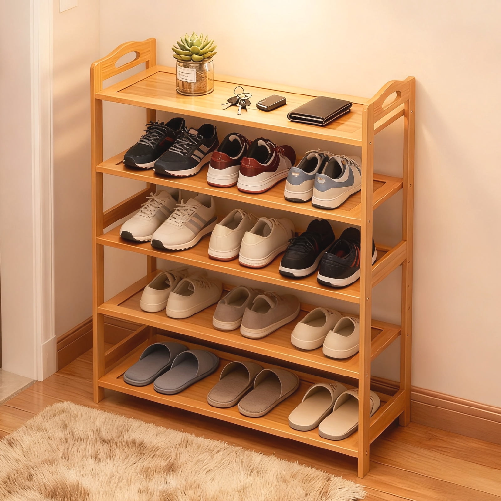 5 Tier Natural Bamboo Shoe Rack Eco Friendly 15 Pairs Capacity Slim Space Saving Open Shelf for Entryway Closet Hallway Apartment