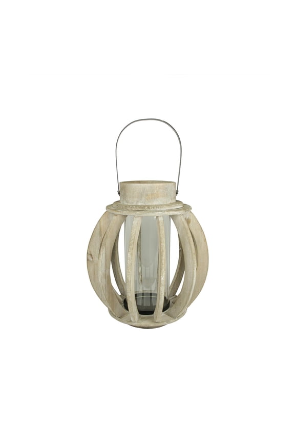 14.75" Seaside Treasures Rustic Chic Drift Wood Sphere and Glass Hurricane Pillar Candle Lantern