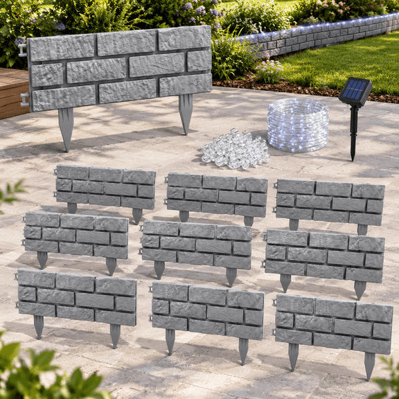 14.76 Ft Faux Stone Garden Border Edging with Solar Light String and 30 Clips