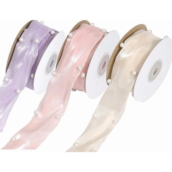 14.76 Yards 3 Colors Pearl Edged Stain Rribbon Organza Sheer Chiffon Plastic Pearls Transparent Fabric Ribbons with Spool Trim