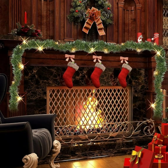 14.76FT Pre-lit Christmas Green Garland, Lighted Artificial Pine Garlands with Mini Lights, Light Up for Indoor Outdoor Gate Home Winter Holiday New Year Decorations, Multicolor Light