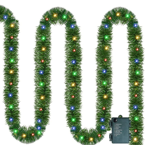 14.8 FT Artificial Christmas Garland, 50 Pre-Lit LED Mini String Lights Battery Operated Xmas Garland for Home Stair Railing Indoor Christmas Ornament Decorations (Multi-Colored)
