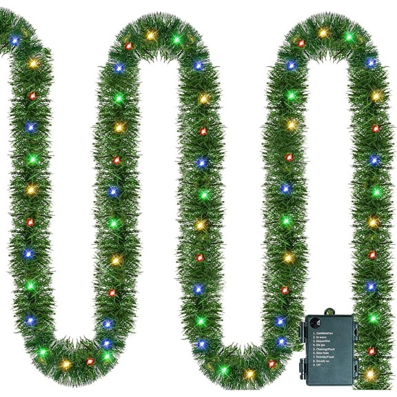 14.8 FT Artificial Christmas Garland, 50 Pre-Lit LED Mini String Lights Battery Operated Xmas Garland for Home Stair Railing Indoor Wedding Party Christmas Ornament Decorations (Multi-Colored)