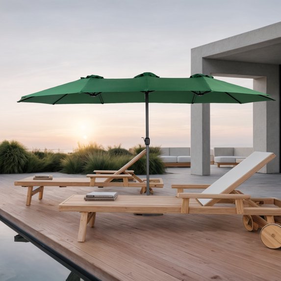 14.8 Ft Double Sided Outdoor Umbrella,Rectangular Large Patio Umbrella with 12 Steel Ribs and Crank ,Beach Umbrella for Pool, Lawn,Garden,Patio and Deck(No Base Included),Dark Green