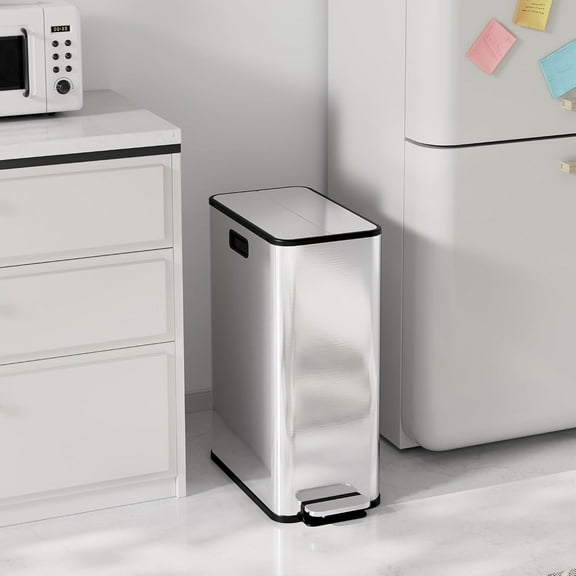 14.8 Gallon Kitchen Trash Can with Dual Compartments for Recycling, Stainless Steel, 56L Step-On Kitchen Trash Can with Butterfly Lid,Slim Pedal Stainless Steel Trash Bin with Removable Buckets