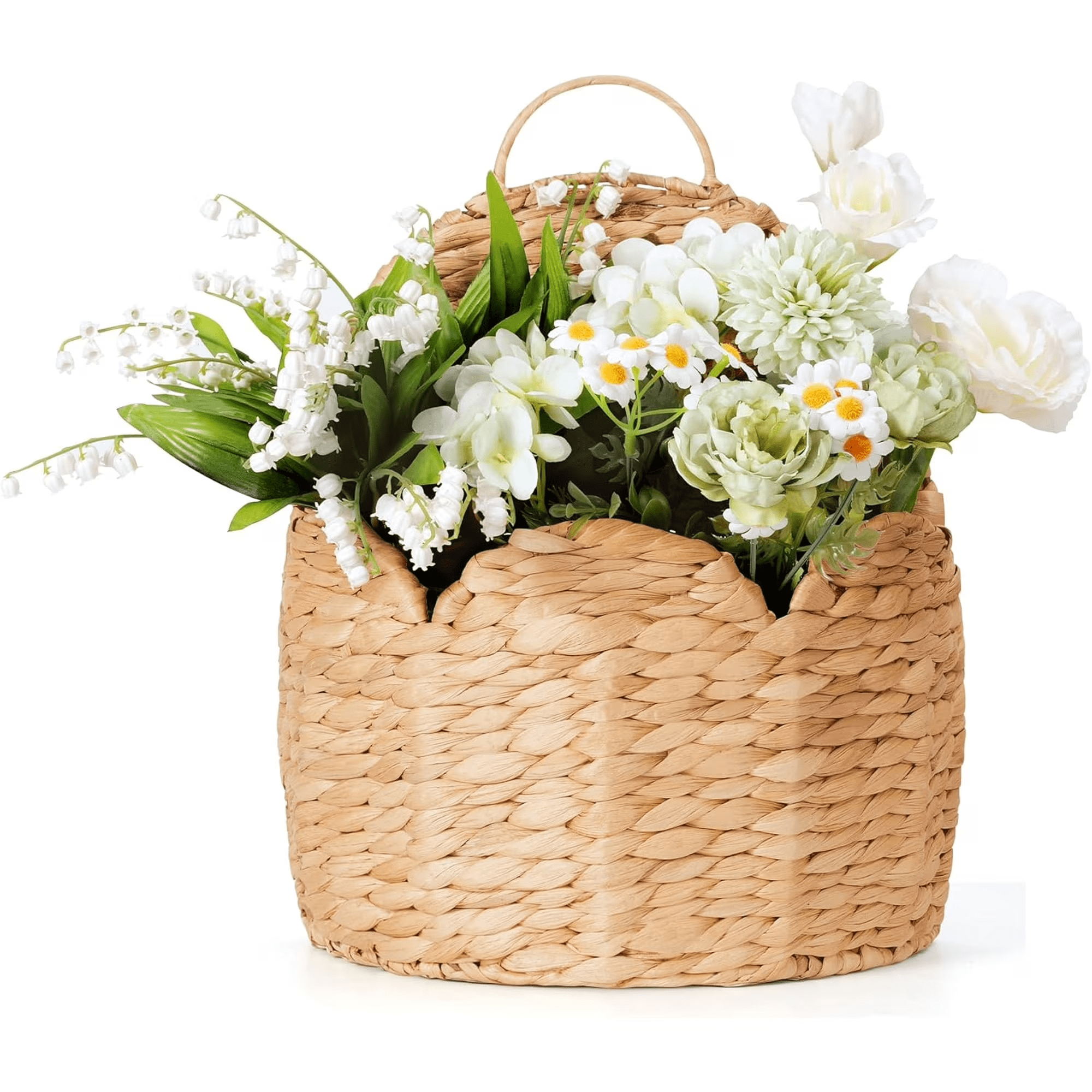 14.8" Scalloped Edge Hanging Planter Basket, Hand-Woven Water Hyacinth Wall Basket for Front Door, Wicker Storage Organizer for Flowers & Mails, Modern Farmhouse Home Decor