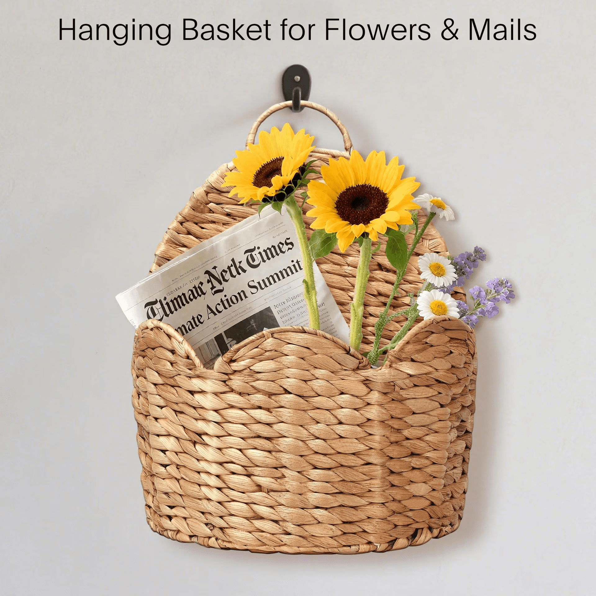 14.8" Scalloped Edge Hanging Planter Basket, Hand-Woven Water Hyacinth Wall Basket for Front Door, Wicker Storage Organizer for Flowers & Mails, Modern Farmhouse Home Decor