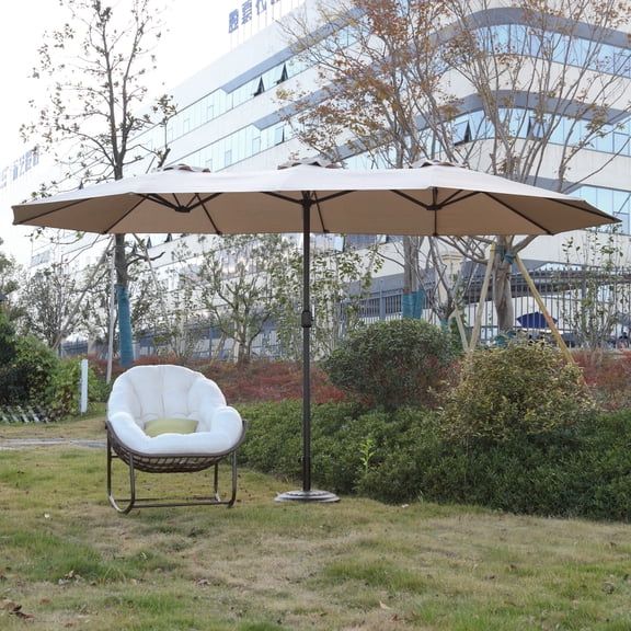 14.8FT Double‑Sided Rectangular Outdoor Patio Umbrella Large Market Umbrella with Crank Lift System 12 Steel Ribs 180g Polyester Shade Umbrella for Backyard Poolside Garden Khaki (Base Not Included)