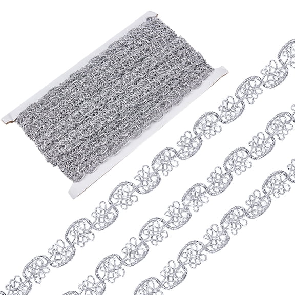 14.8Yds Metallic Lace Ribbon 1/2 Inch Yarn Silver Gimp Trim Decorated Polyester Flat Trim Strip Curve Venice Edge Craft