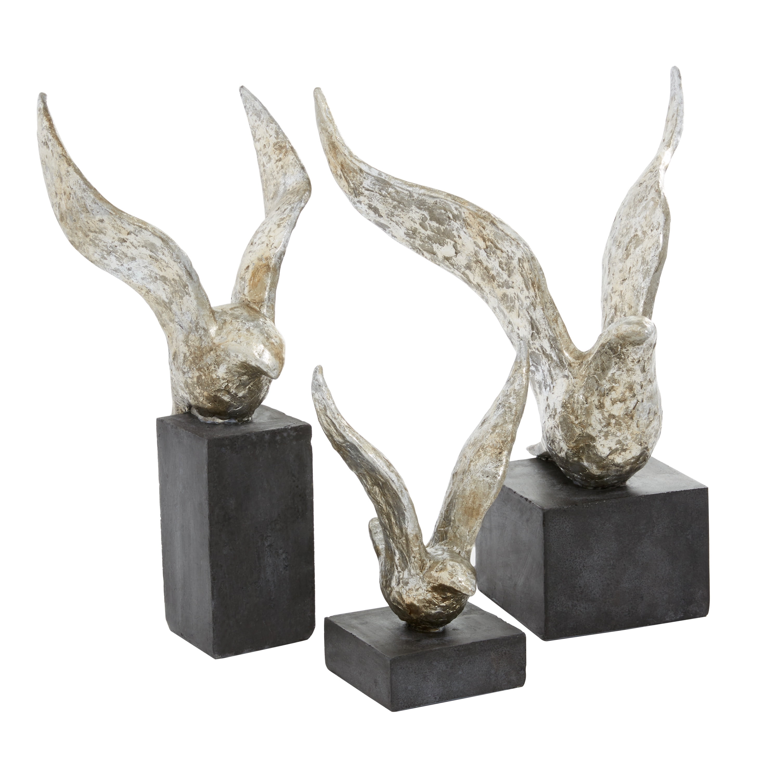 Silver and Black Resin Bird Sculptures Set of 3