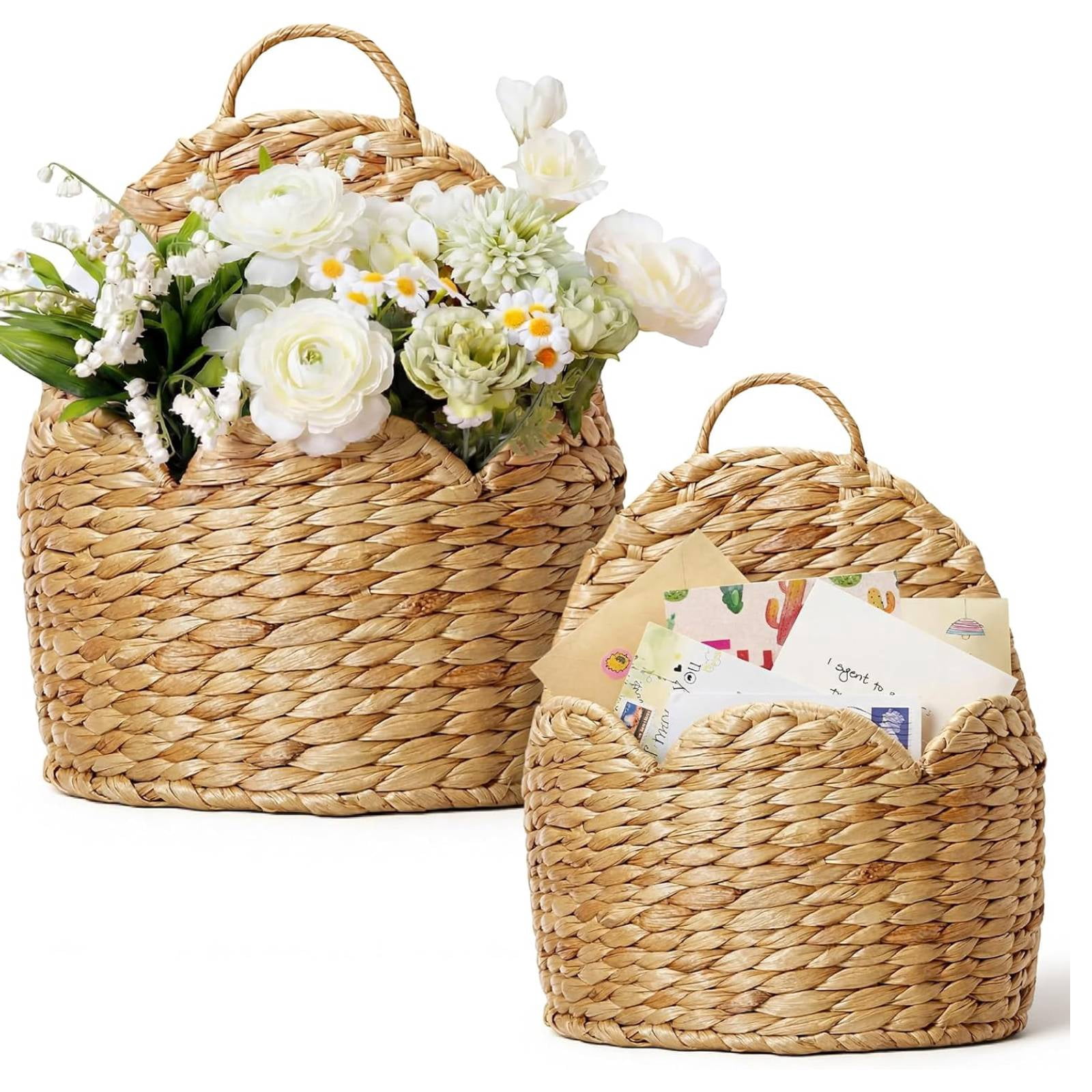 14.9"Door Basket Scalloped Hanging Storage Basket,Water Hyacinth Woven Wall Baskets for Front Door Decor, Hangable Storage Organize for Flowers,Planter,Mails,Wicker Baskets for Organizing Garden()