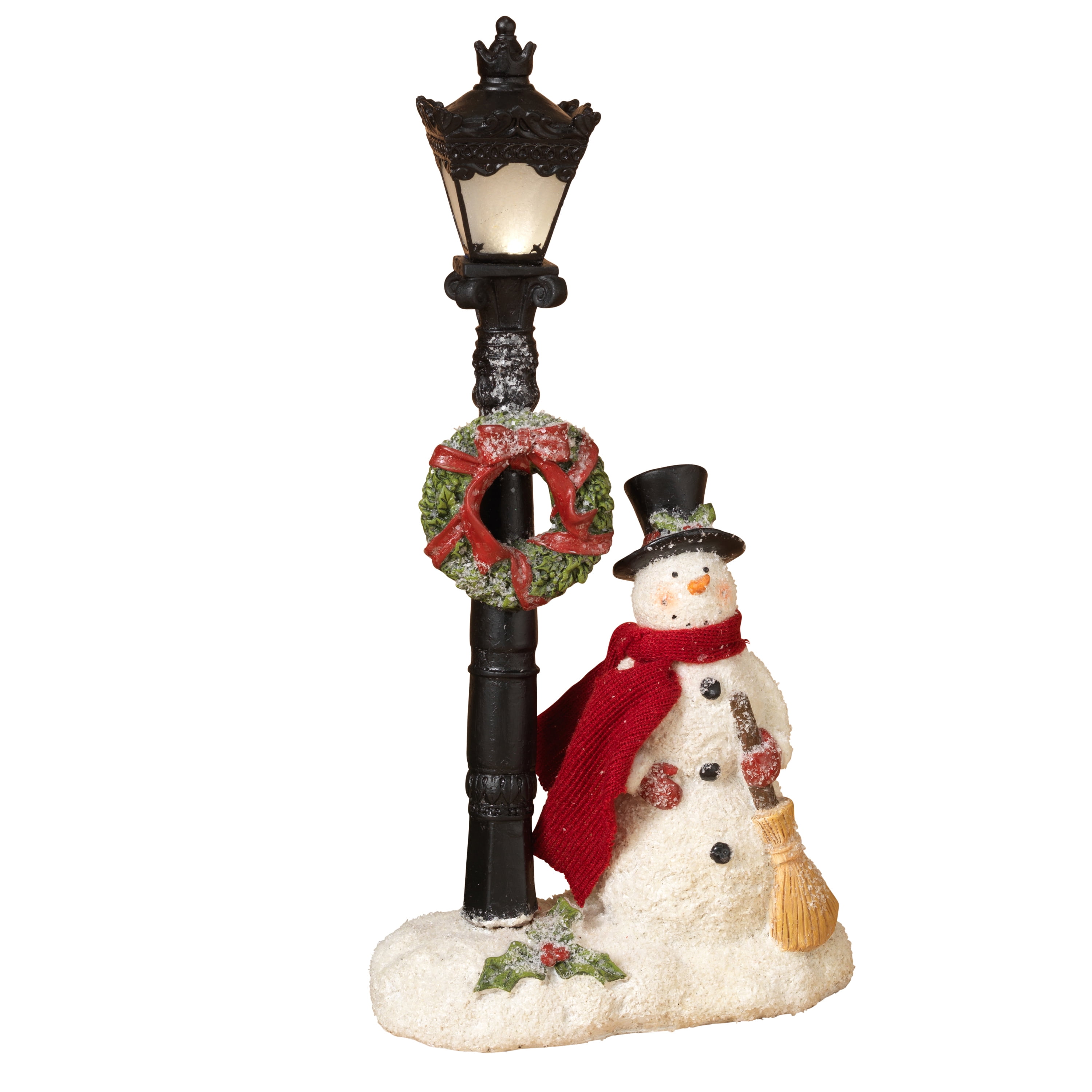 14.9Inch Lighted Resin Snowman and Wreathed Lamppost Figurine