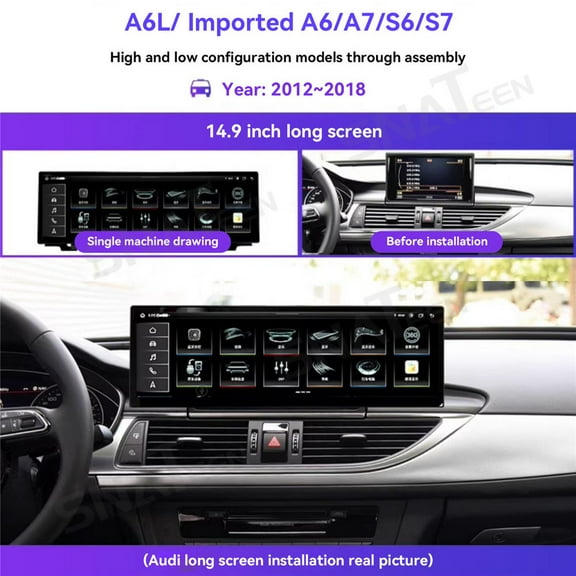 14.9 inch Carplay Screen/Radio/Multimedia Player for Audi A6 2012 2013 2014 2015 2016 2017 2018 Models Universal Car Navigation/GPS Upgrade Headunit Android Display Video 1080P Replace System