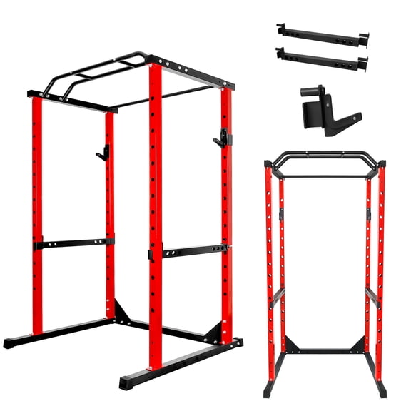 14.9 sq.ft Red Exercise Power Cage, 77.3"35.1" 2"x2" Steel Squat Stand with Non-Slip Base, J-Hooks for Home Gym Weight Training Small Space