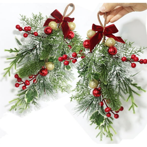 14.96" Christmas Wreaths for Front Door,Bexikou 2 Pcs Christmas Teardrop Swag Winter Wreath with Red Berry Pine Needles for Indoor Outdoor Farmhouse Home Wall Window Festival Wedding Decor