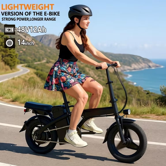 500W Lightweight Folding Electric Bike for Adults, 14-inch Tires, 20MPH 20-Mile Range Commuter E-Bike with 48V 12AH Removable Battery, Alloy Steel Frame, Black, Daily Transportation