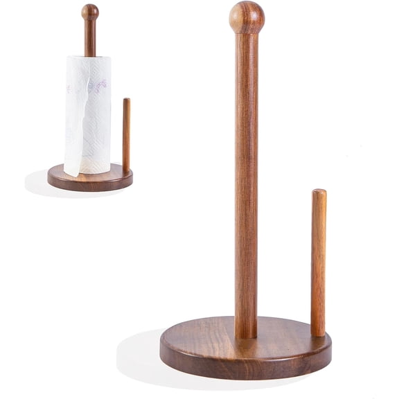 14" Acacia Wooden Paper Towel Holder, 6.7" Large Heavy Base Wooden Kitchen Towel Roll Stand Organizer Free Standing, Rustic Farmhouse Paper Towel Holder Stand, Standing Paper Towel Roll Holders