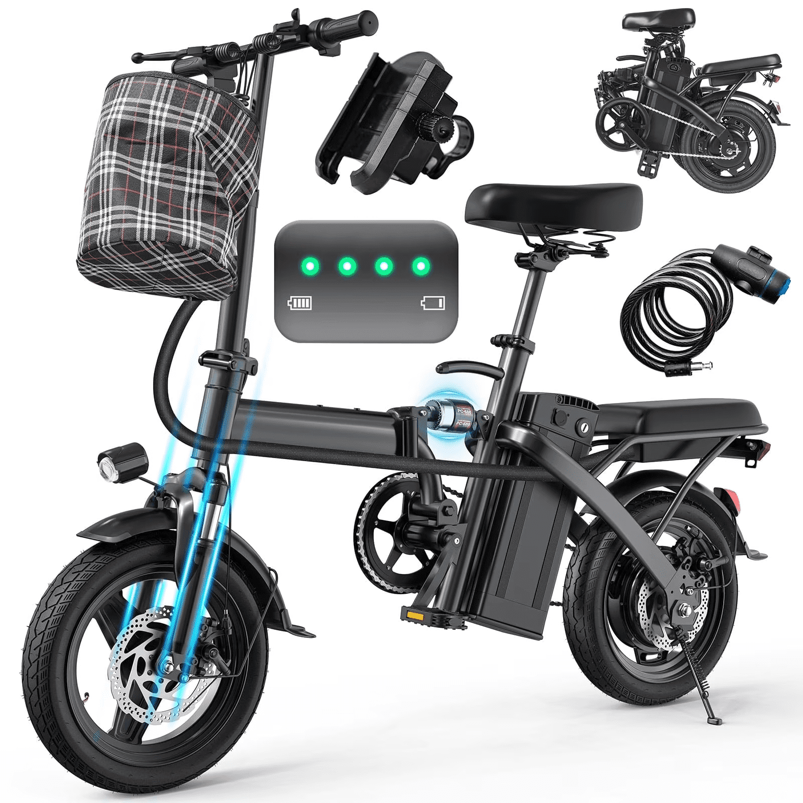 14 In Adult Folding Electric Bike - 48V 740W Peak Motor, 15Ah Battery, With 11 Shock Absorbers, Range Of 25-35 Miles, Maximum Load Capacity Of 330 Lbs, Portable Folding Design Black