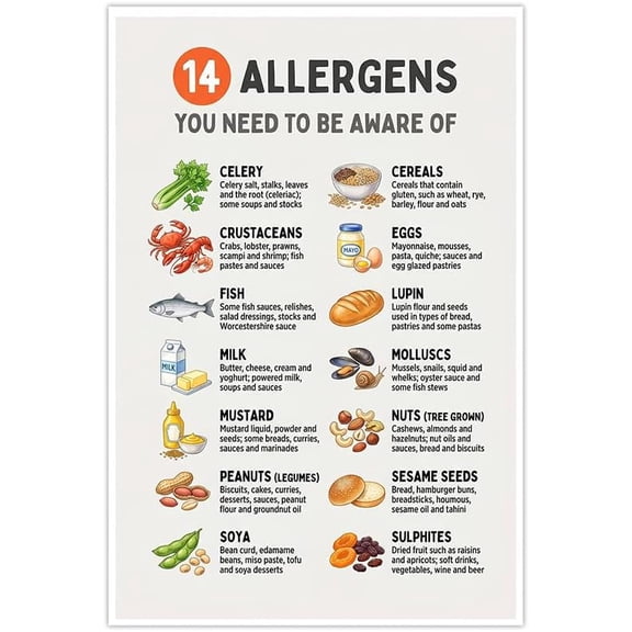 14 Allergens Food Safety Poster Kitchen Wall Art Restaurant Awareness Sign