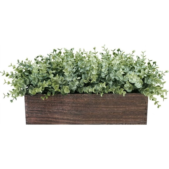14" Artificial Eucalyptus in Rectangular Wood Planter Box Faux Plants Arrangement Centerpiece Wooden Potted Eucalyptus Plant for Farmhouse Wedding Dining Table Centerpiece Greenery Mantel Décor
