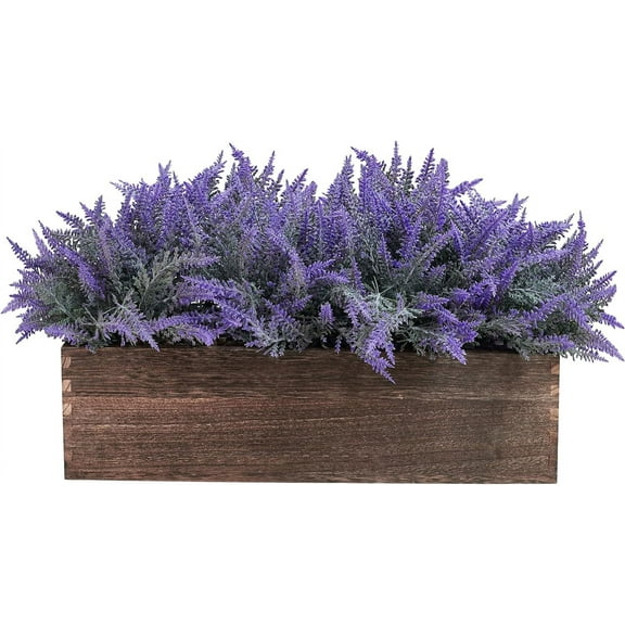 14" Artificial Lavender Flowers Plants in Rectangular Wooden Planter Box Faux Frosted Lavender Potted Arrangements Floral Centerpiece for Farmhouse Home Wedding Table Centerpiece Mantel Décor