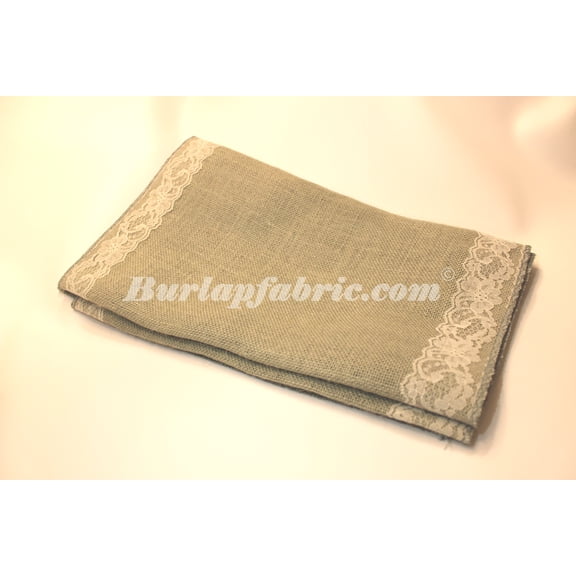 14 Ash Grey Burlap Runner With 2 Ivory Lace Borders-,