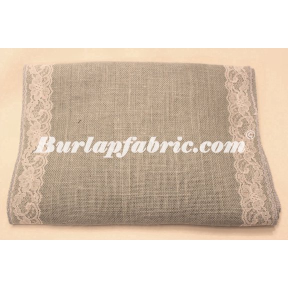 Ash Grey Burlap Table Runner 14 Inch Wide with 2 Whte Lace Borders