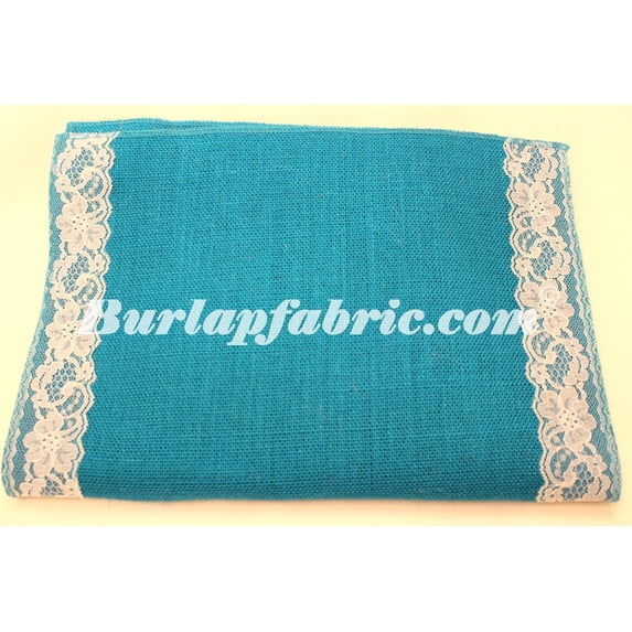 14 Bahama Turquoise Burlap Runner With 2 White Lace Borders-,