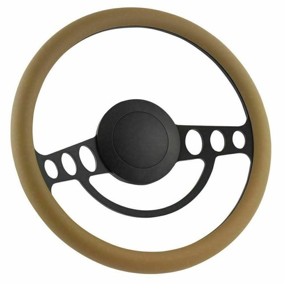 14" Black Aluminum Steering Wheel with Tan Half Wrap and Horn Button - 9-Hole