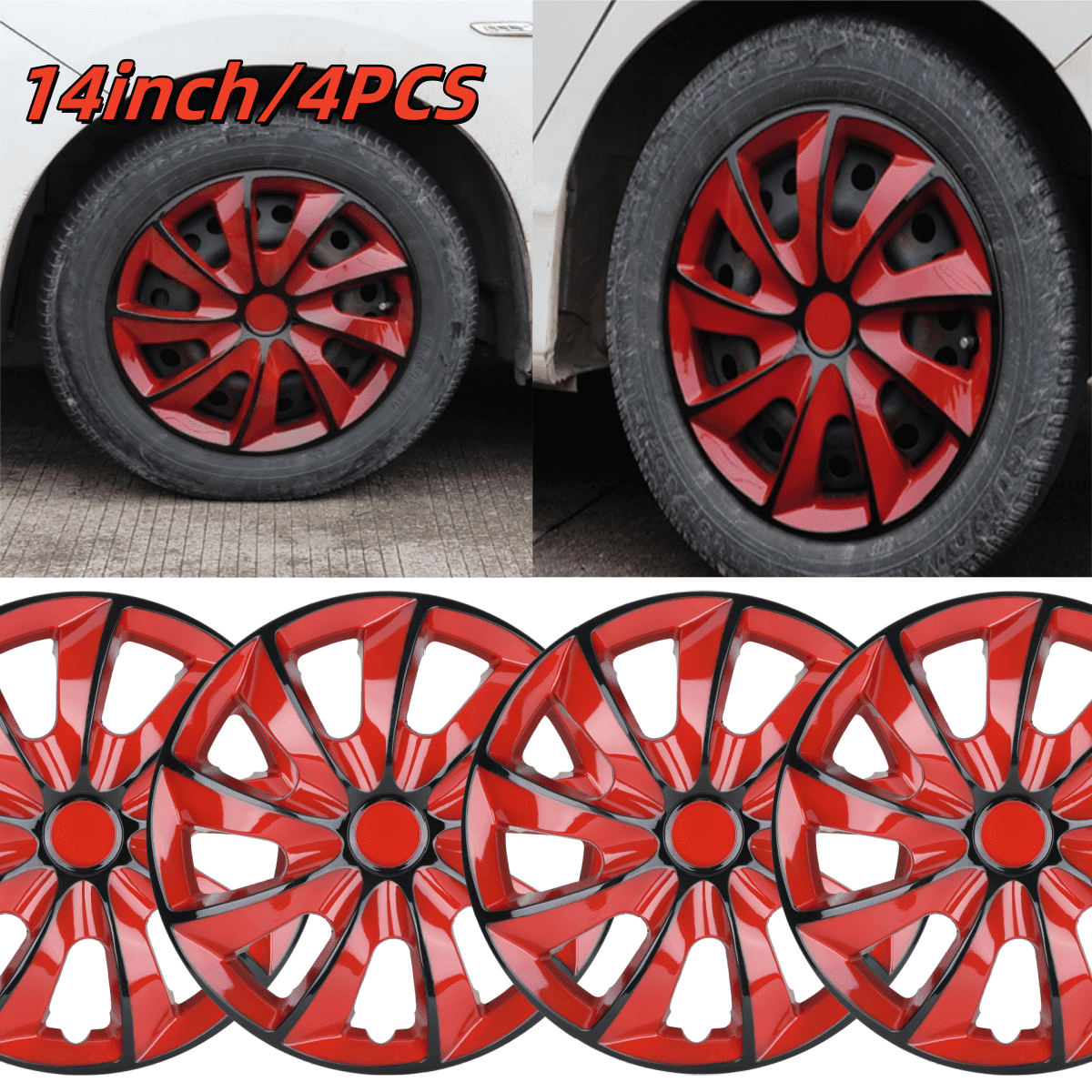 14" Black&Red Hubcaps/Wheel Covers for Most Cars,Set of 4 Snap on Car Truck SUV Hub Cap,ABS&PC Material