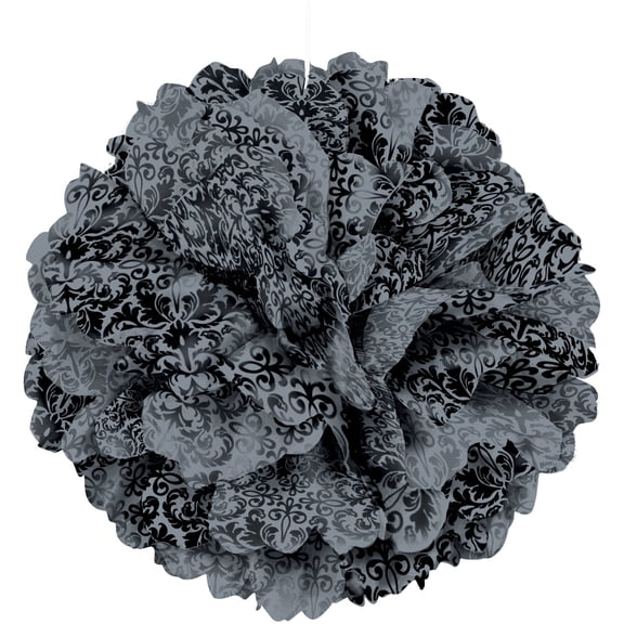 14" Black & Silver Damask Tissue Paper Pom Pom