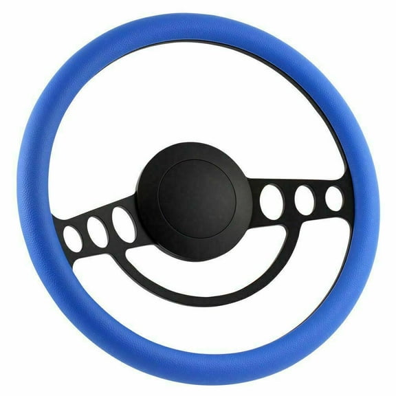 14" Black Steering Wheel with Blue Half Wrap and Horn Button - 9-Hole