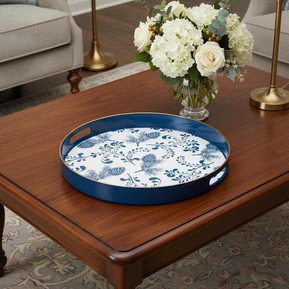 14" Blue White And Gold Pinecone Round Serving Tray