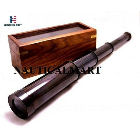 14" Brass Pirate Telescope with Wooden Glass Box- Nautical Brass Finish