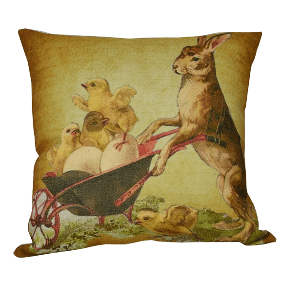 Golden Hill Studio 14" Brown and Beige Bunny Pushing Little Chicks in a Wheelbarrow Throw Pillow