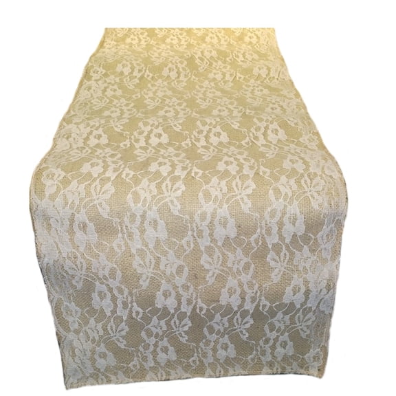 Burlap and Lace Table Runner 14 Inch Wide with White Lace
