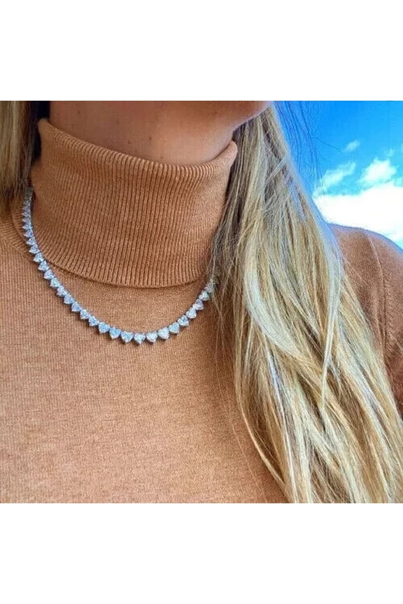 14 CT Heart Cut White Moissanite Women's Tennis Necklace 14K White Gold Plated