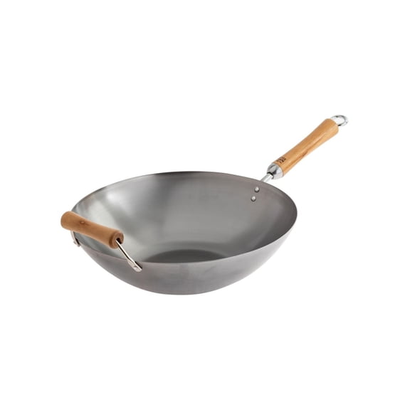 14" Carbon Steel Wok with Wooden Handles - High Heat, Lightweight, Professional Stir Fry Pan