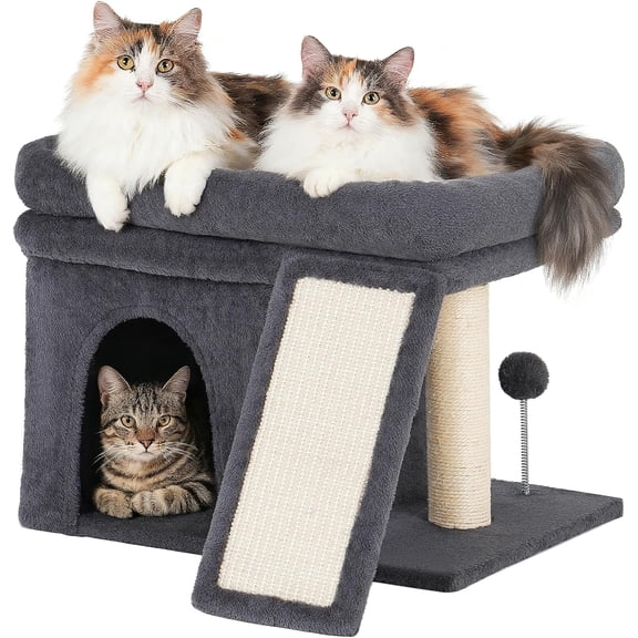 14'' Cat Tree Tower for Indoor Large Cats, 20x16.5'' Big Perch Bed, Sisal Scratcher, Condo Cave for Medium Kittens Senior Pets, Dark Gray